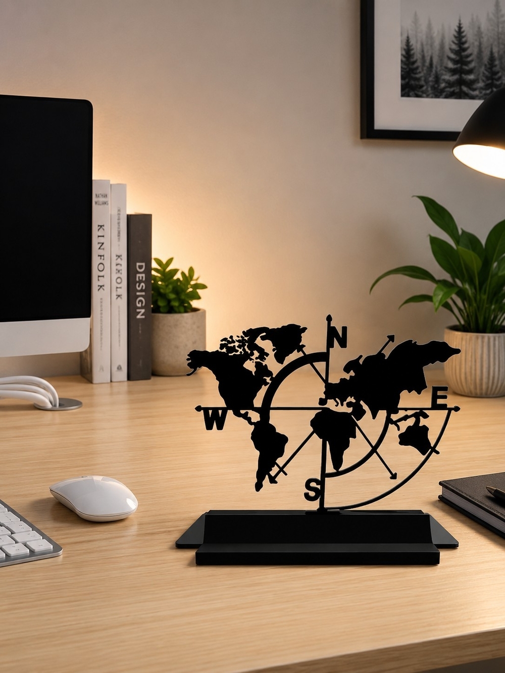 Black Metal World Map Desk Ornament with Compass